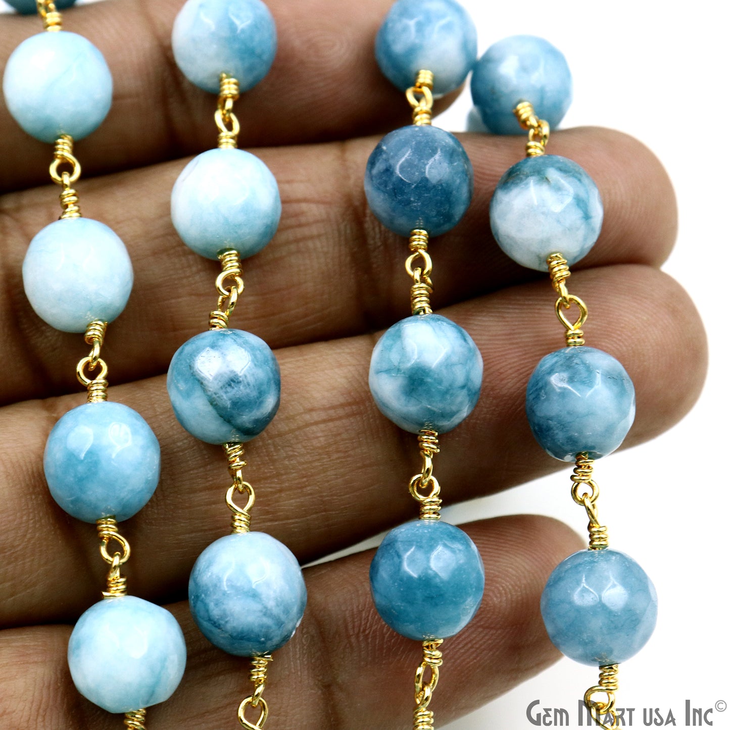 Shaded Turquoise Faceted Beads 10mm Gold Plated Wire Wrapped Rosary Chain