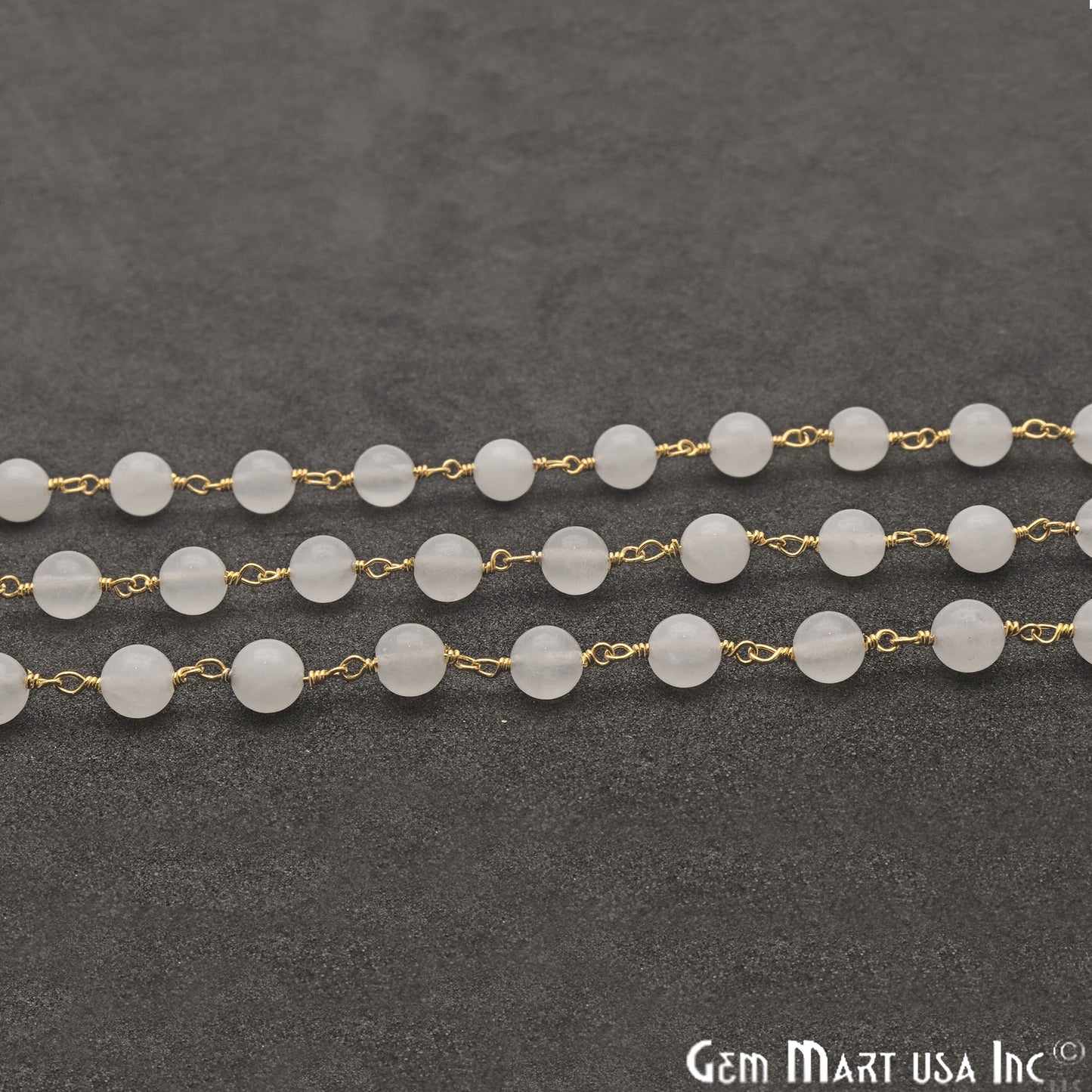 White Jade Smooth Beads 6mm Gold Plated Wire Wrapped Rosary Chain - GemMartUSA