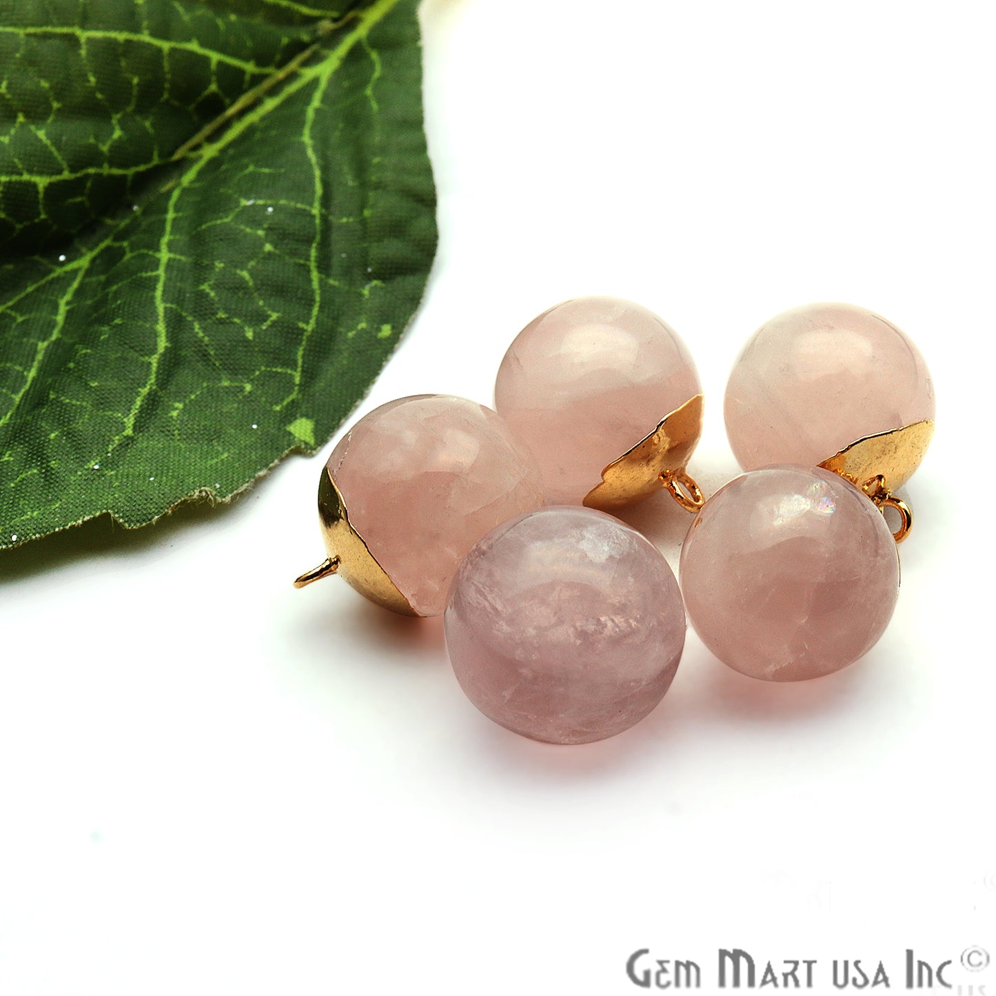 Rose Quartz 18x14mm Gold Electroplated Single Bail Charm Ball Connector - GemMartUSA