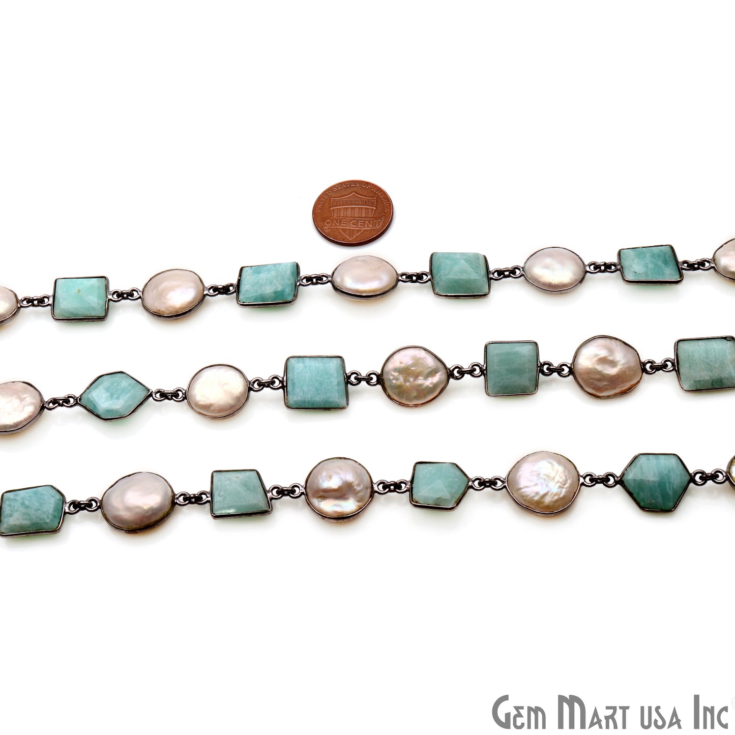 Amazonite And Pear Oxidized Bezel Rosary Connector Chain - GemMartUSA