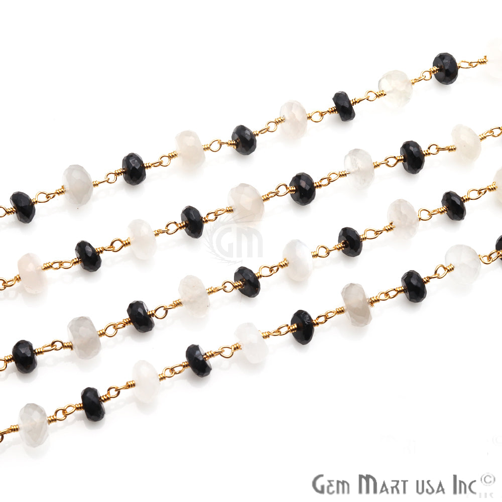 Black Spinel With White Chalcedony Beaded Gold Plated Wire Wrapped Rosary Chain - GemMartUSA