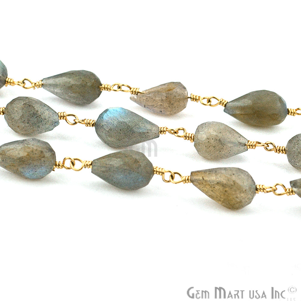 Labradorite Drop Beads 7x9mm Gold Plated Wire Wrapped Rosary Chain - GemMartUSA