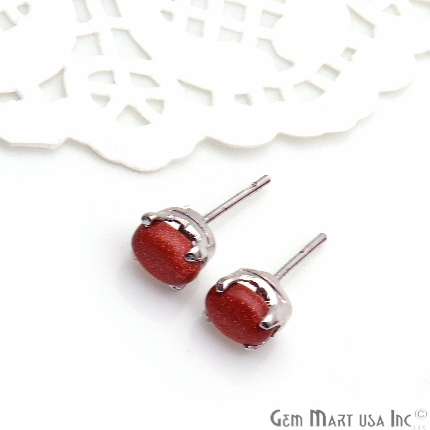 Sunstone 6x4mm Sterling Silver Oval Shape Prong Setting Stud Earring - GemMartUSA