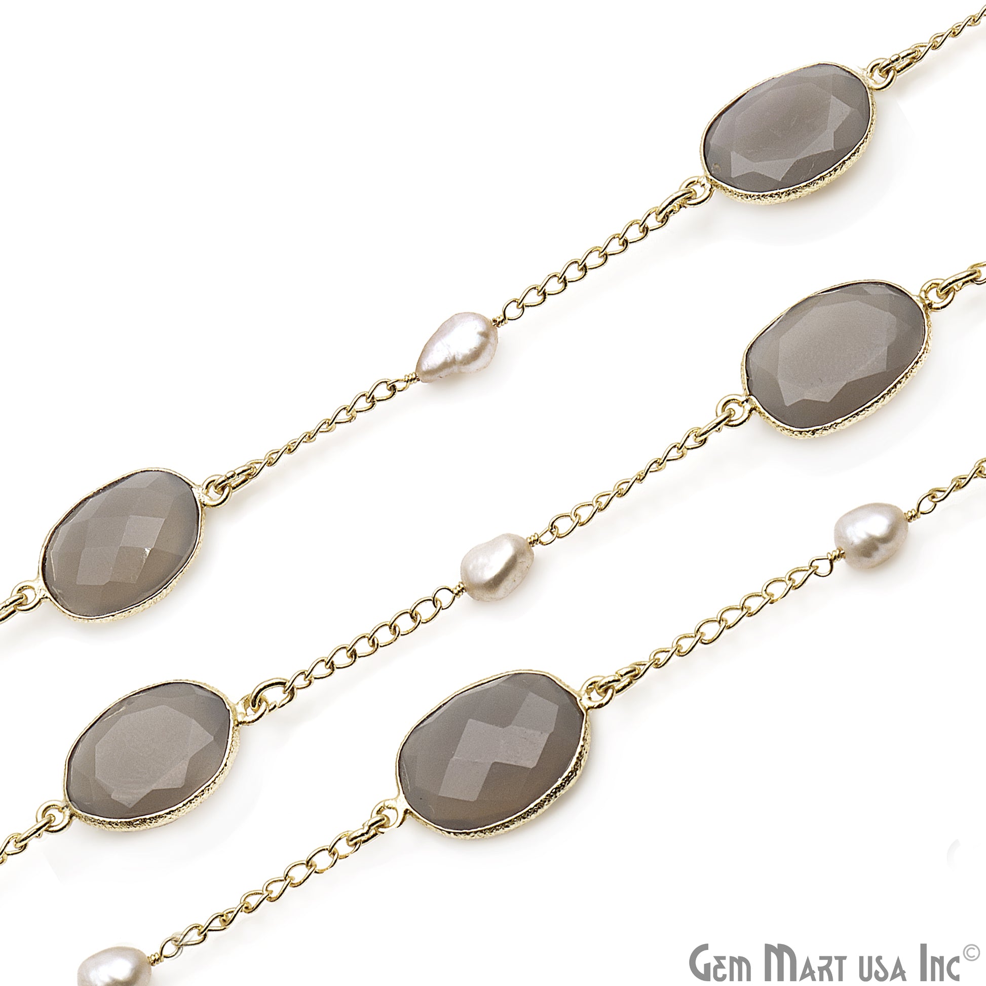 Smoky Chalcedony & Pearls Faceted Gold Plated Connector Chain - GemMartUSA