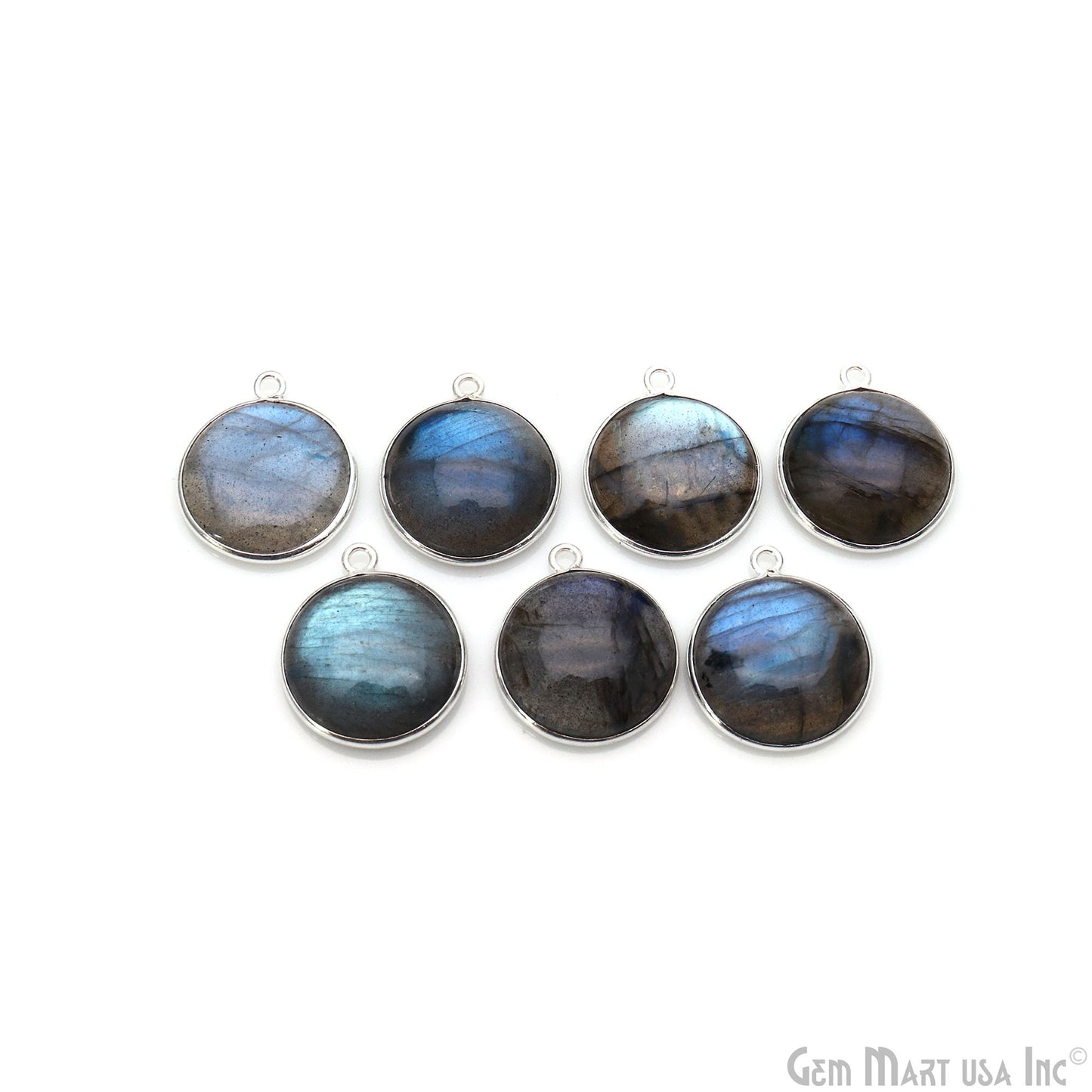 Flashy Labradorite Cabochon 16mm Round Single Bail Silver Plated Gemstone Connector