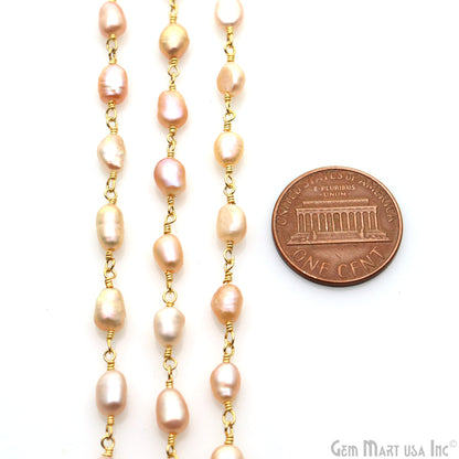 Pink Pearl Oval 5x4mm Gold Plated Beaded Wire Wrapped Rosary Chain