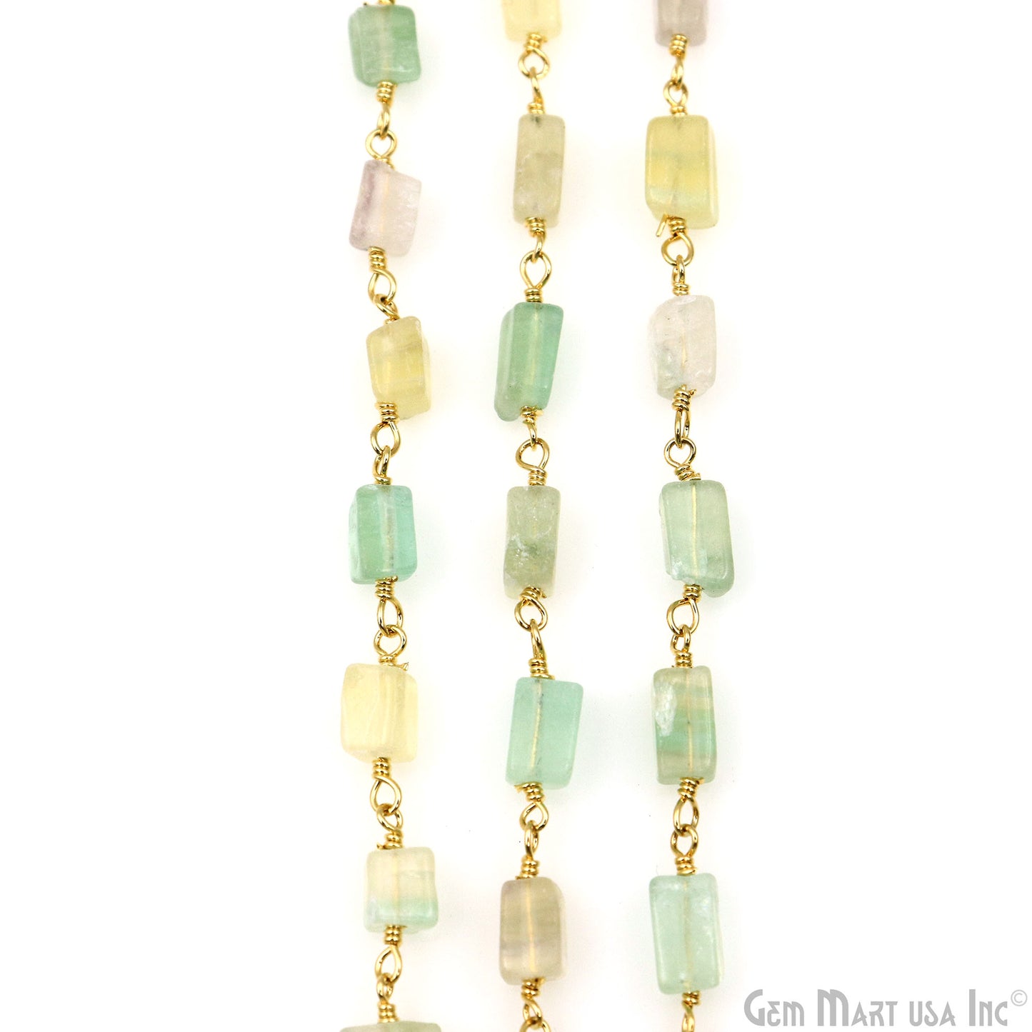 Fluorite Beads 8x5mm Gold Plated Wire Wrapped Beaded Rosary Chain