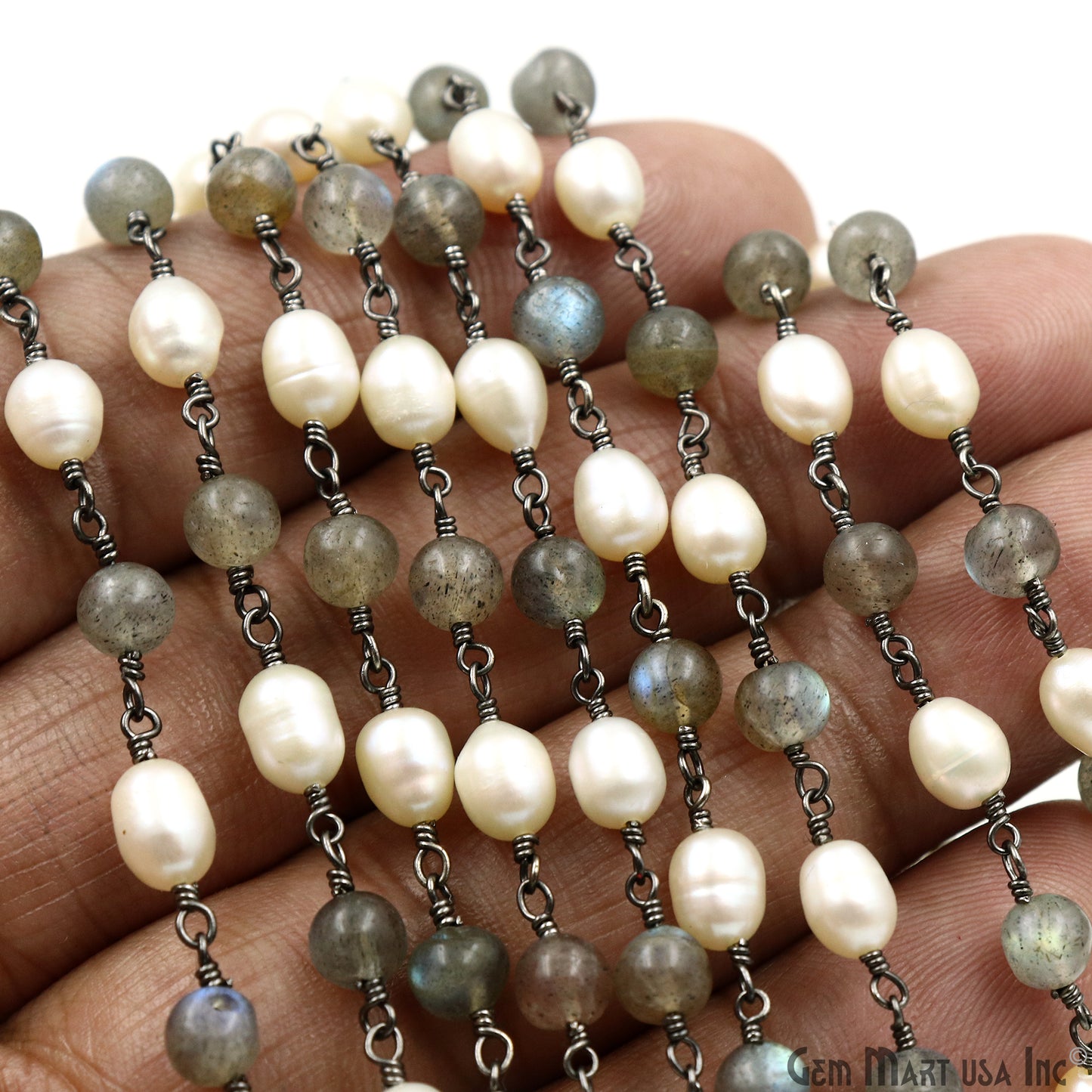 Labradorite Cabochon With Pearl Oval Oxidized Wire Wrapped Rosary Chain