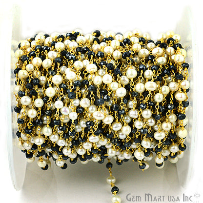 Black Spinel With Pearl 3-3.5mm Gold Plated Wire Wrapped Beads Rosary Chain