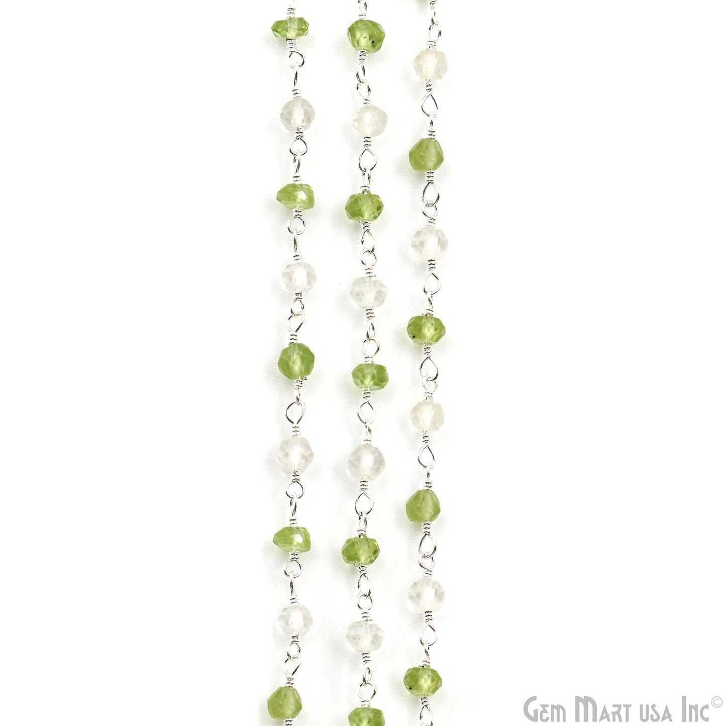 Peridot & Crystal Faceted Beads 3-3.5mm Silver Plated Gemstone Rosary Chain