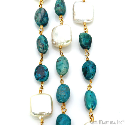 Chrysocolla Tumble Beads 8x5mm & Pearl 12mm Beads Gold Plated Rosary Chain