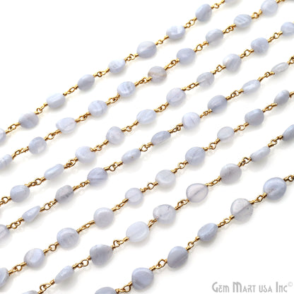 Blue Lace Agate 8x5mm Tumble Beads Gold Plated Rosary Chain