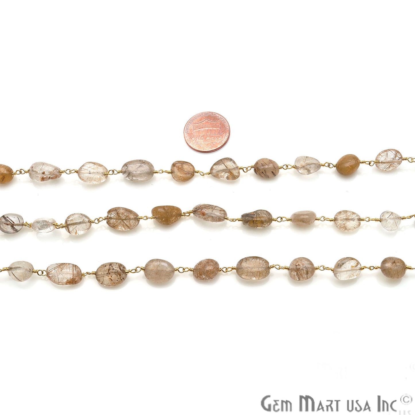 Brown Rutile Tumble Beads 10x6mm Gold Plated Wire Wrapped Rosary Chain - GemMartUSA