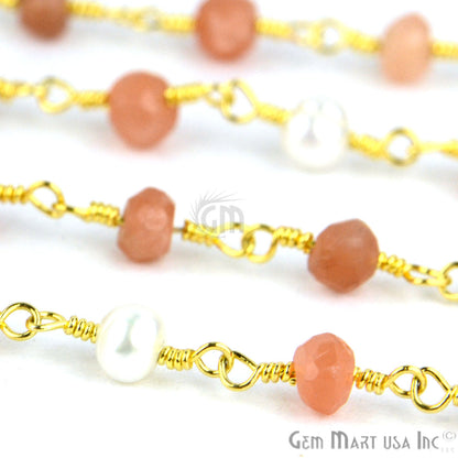 Sunstone With Pearl Gold Plated Wire Wrapped Beads Rosary Chain - GemMartUSA