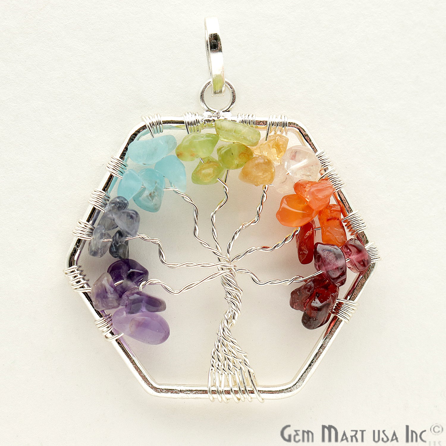 Tree of Life Multi Color Silver Wire Wrapped 42mm Chakra Pendant - GemMartUSA