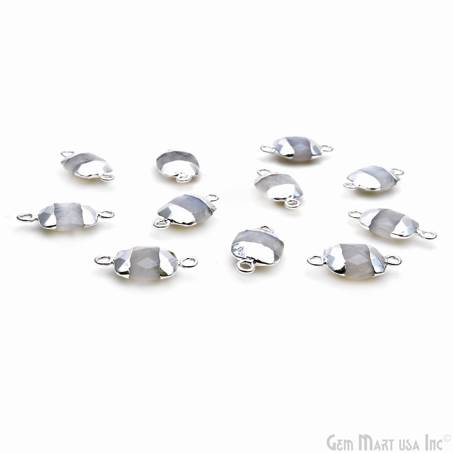 Rainbow Moonstone Octagon 9x11mm Silver Electroplated Double Bail Gemstone Connector