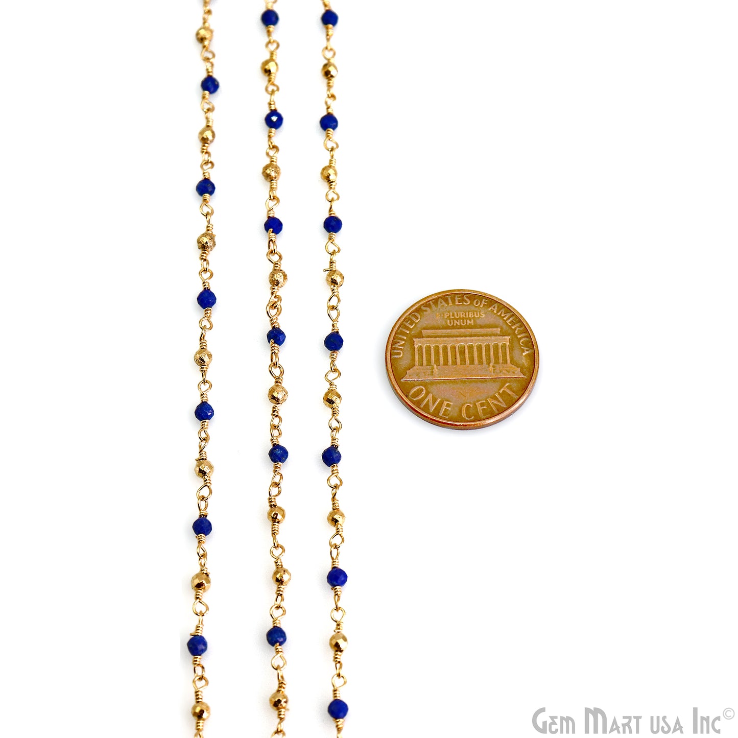 Lapis & Golden Pyrite 2-2.5mm Tiny Beads Gold Plated Wire Wrapped Rosary Chain