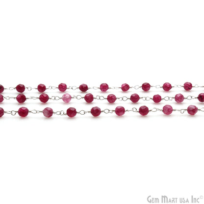 Ruby Jade 4mm Faceted Beads Silver Wire Wrapped Rosary Chain