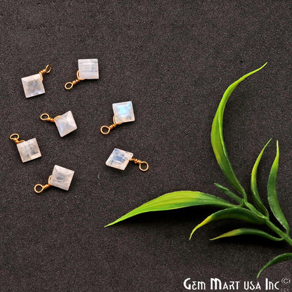 Rainbow Moonstone 6mm Square Single Bail Gold Wire Wrapped Gemstone Connector - GemMartUSA