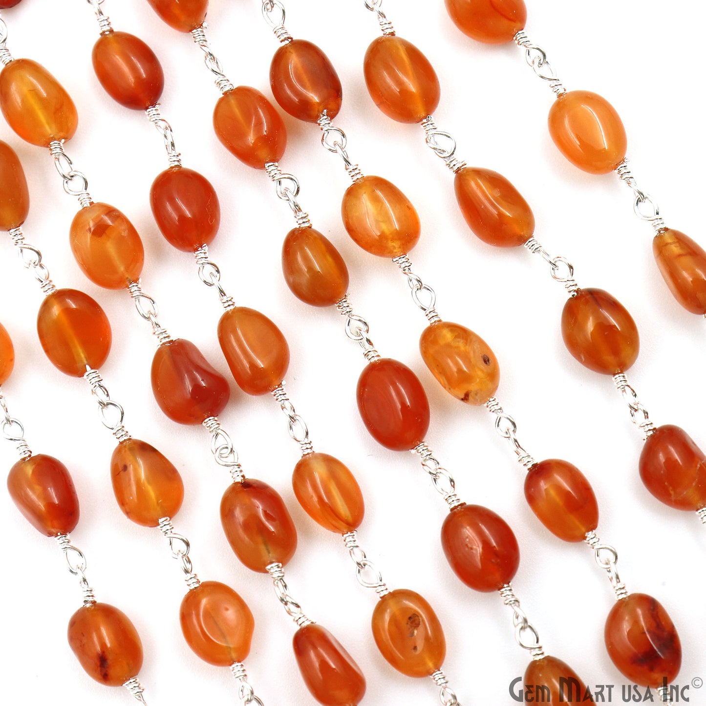 Carnelian Tumble Beads 8x5mm Silver Plated Gemstone Rosary Chain