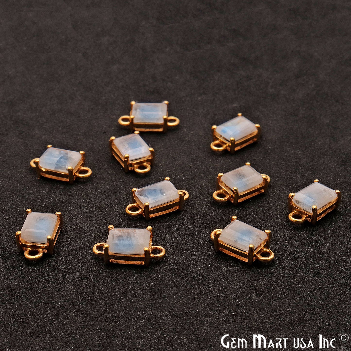 Rainbow Moonstone 6x8mm Rectangle Gold Prong Setting Double Bail Connector - GemMartUSA