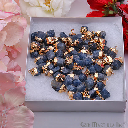 Rough Sapphire Gemstone 14x10mm Organic Gold Edged Single Bail Connector Charm - GemMartUSA