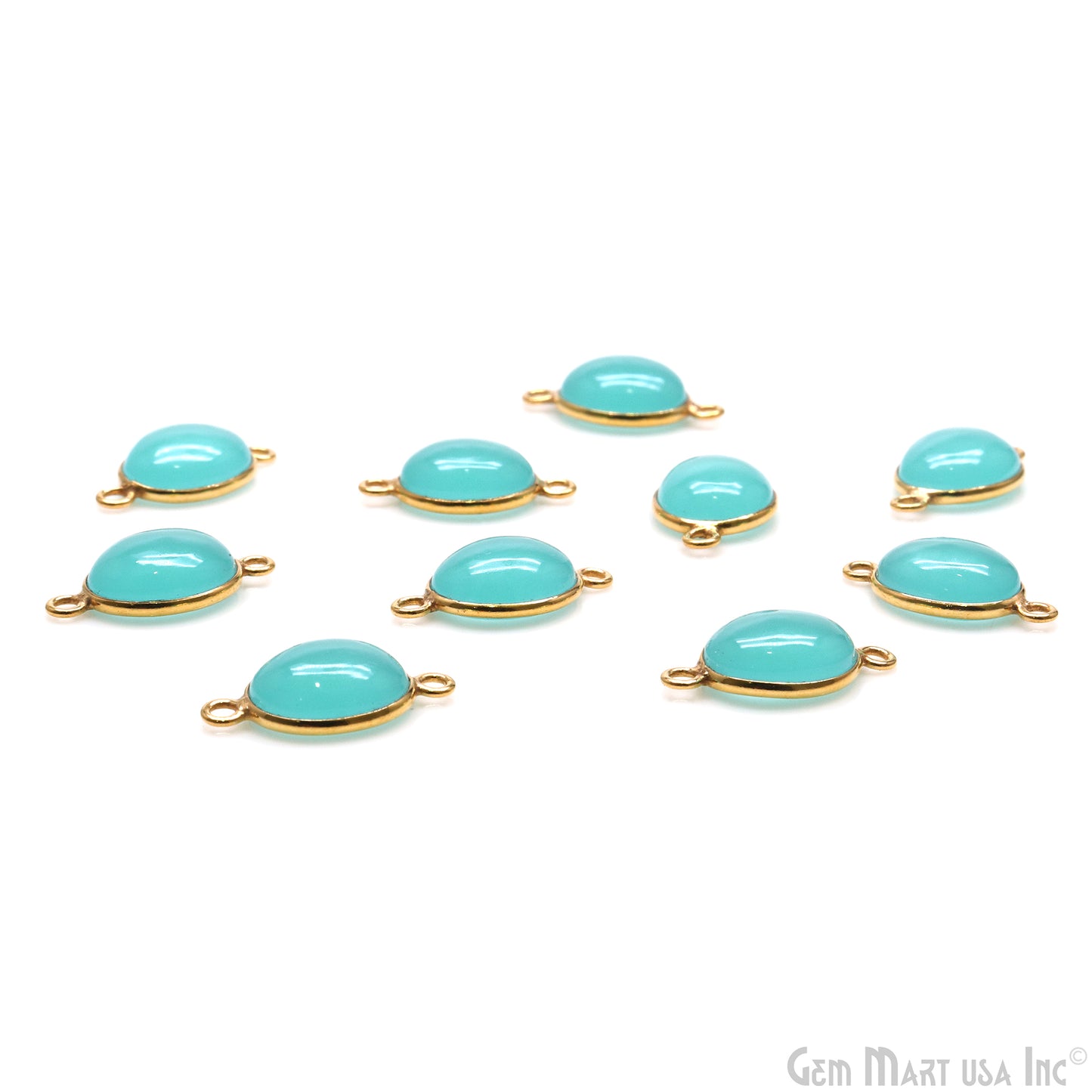 Aqua Chalcedony Oval 9x11mm Gold Plated Double Bail Cabochon Connector