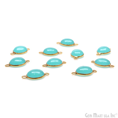 Aqua Chalcedony Oval 9x11mm Gold Plated Double Bail Cabochon Connector