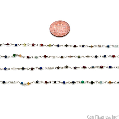 Multi Stone Faceted 2mm Silver Wire Wrapped Rosary Chain