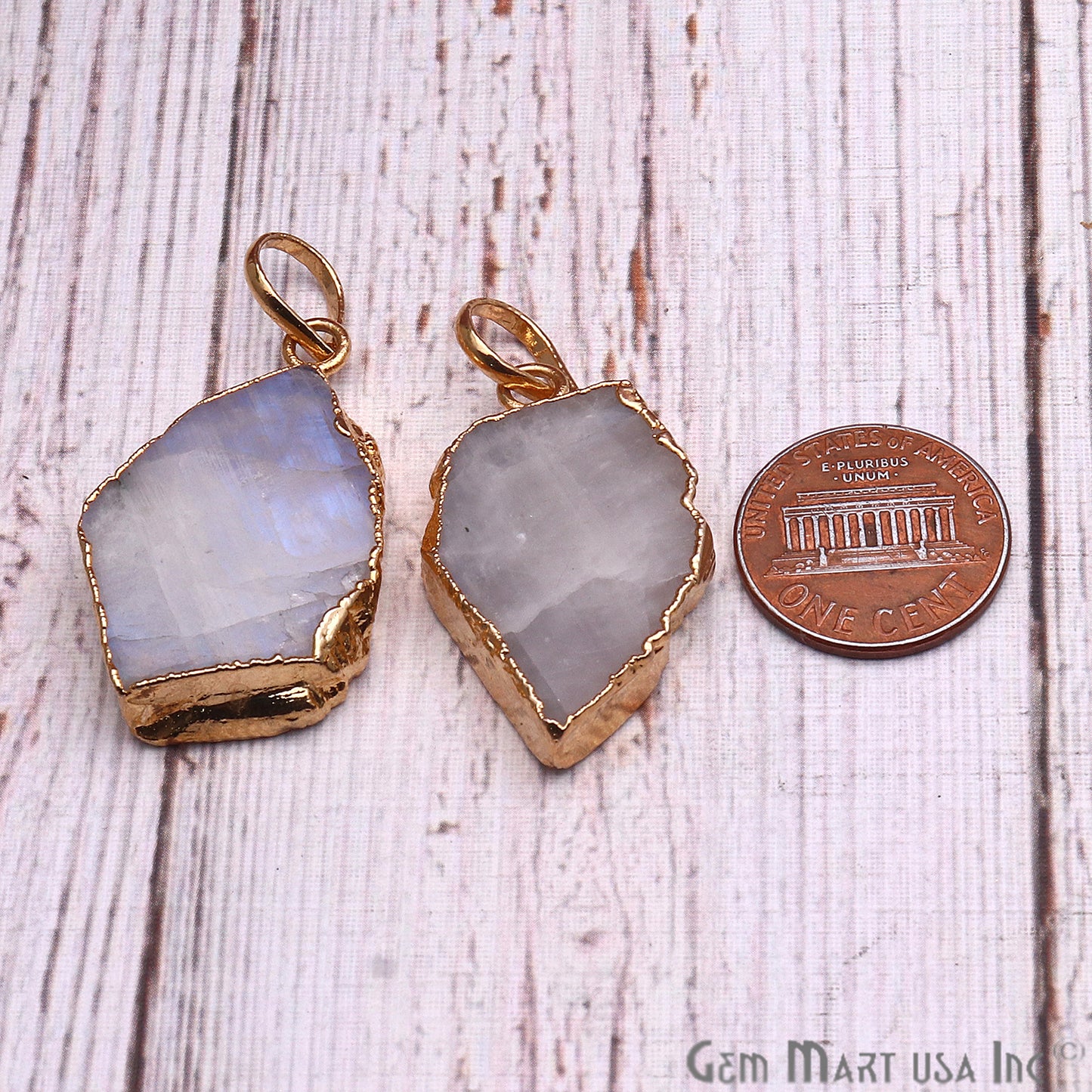 DIY Rough Rainbow Moonstone 32x19mm Gold Edge Necklace Pendant - GemMartUSA