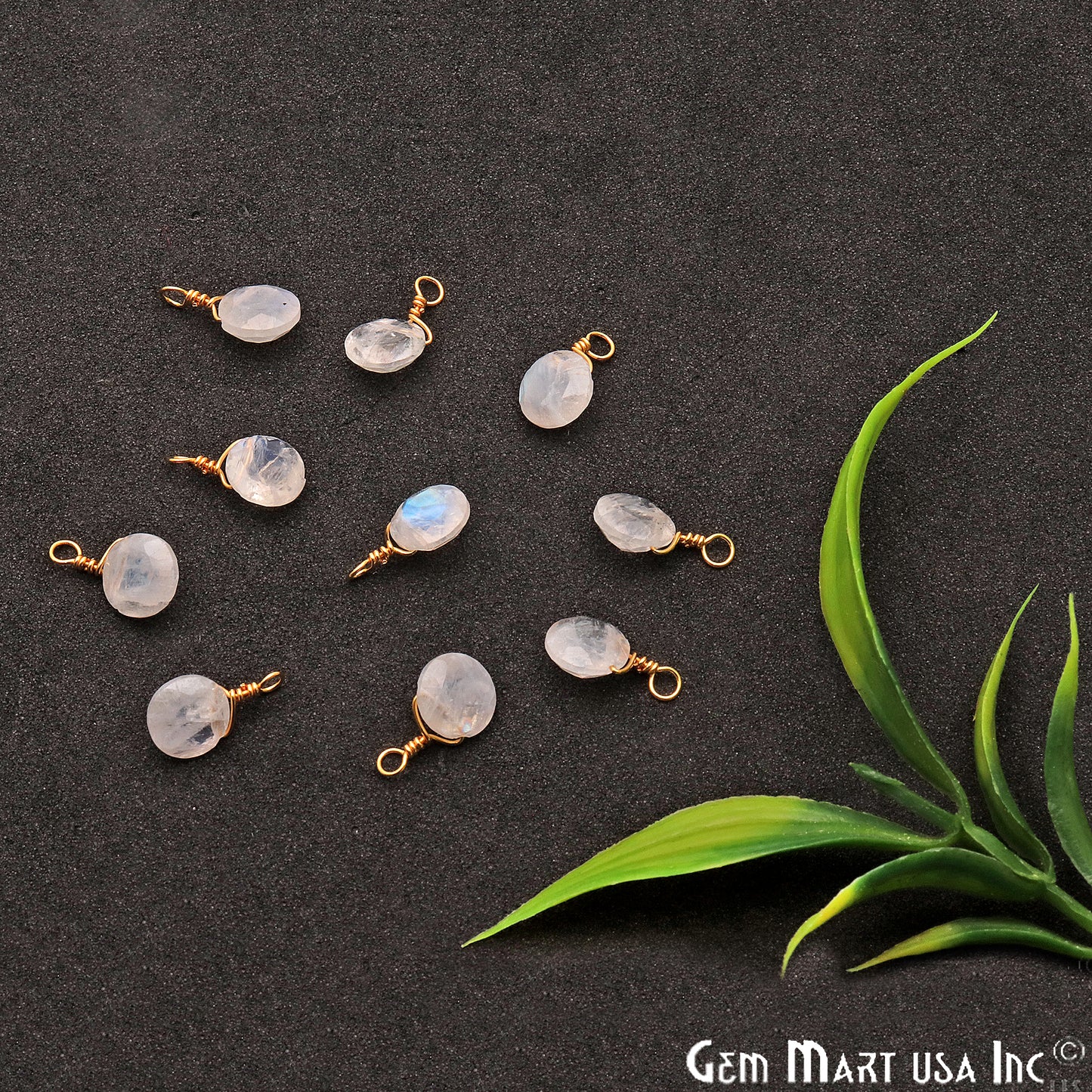 Rainbow Moonstone 7mm Round Single Bail Gold Wire Wrapped Gemstone Connector - GemMartUSA