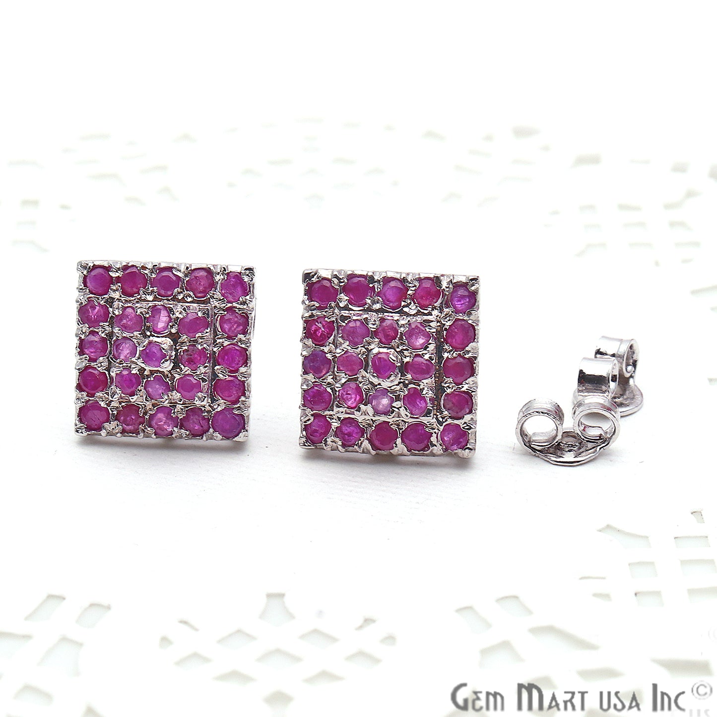 Ruby 12mm Sterling Silver Square Shape Stud Earring - GemMartUSA