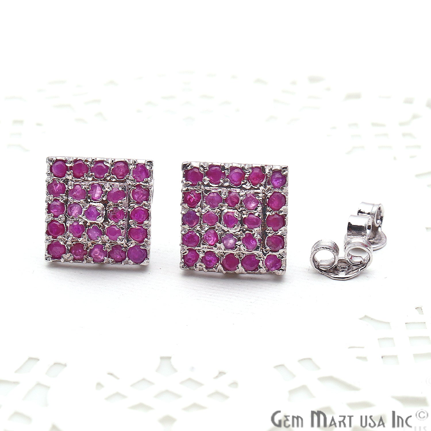 Ruby 12mm Sterling Silver Square Shape Stud Earring - GemMartUSA