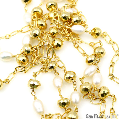 Golden Pyrite 6-7mm & Pearl Round Beads Gold Plated Finding Rosary Chain