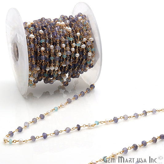 Aquamarine, Tanzanite & Pearl Multi Gemstone Beaded Wire Wrapped Rosary Chain - GemMartUSA