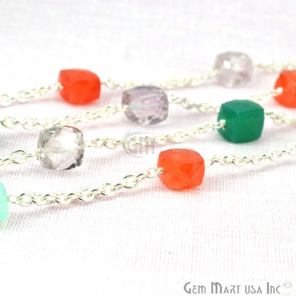 Multi Color Beads Chain, Silver Plated Wire Wrapped Rosary Chain (763949547567)