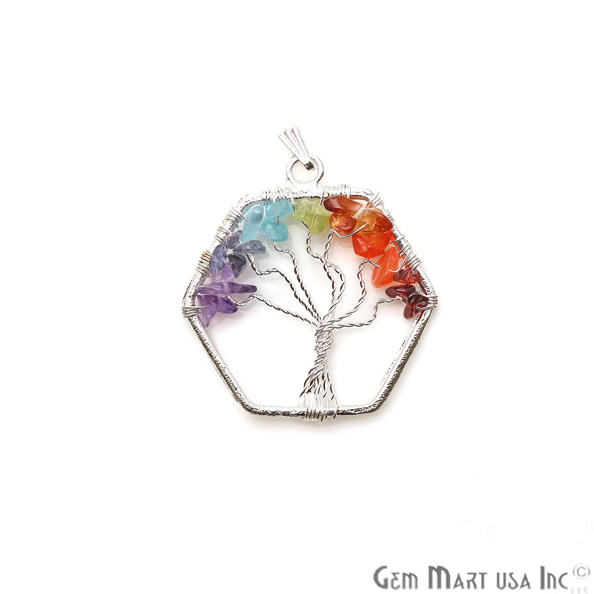 Multi Color Tree Of Life 42x37mm Silver Wire Wrapped Hexagon Shape Pendant - GemMartUSA