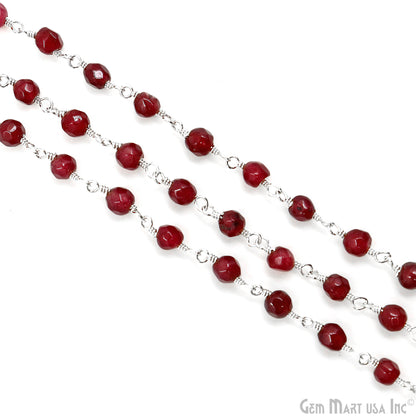 Dark Cherry Jade Beads 4mm Silver Plated Wire Wrapped Rosary Chain