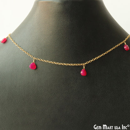 Hot Pink Chalcedony Faceted Heart 8mm Gold Wire Wrapped Rosary Chain