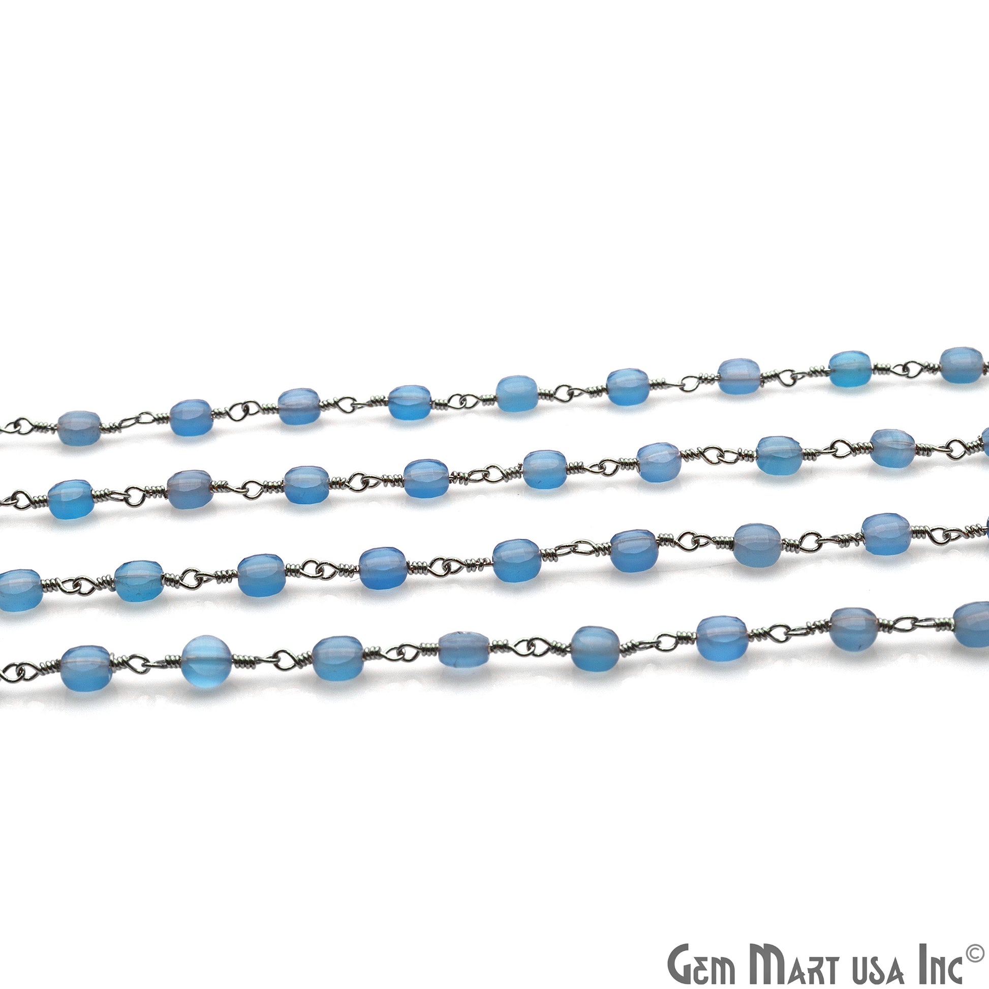 Sky Blue Chalcedony Faceted 3-4mm Silver Wire Wrapped Rosary Chain - GemMartUSA