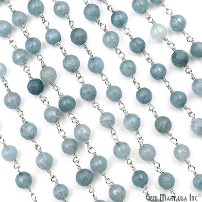 Gray Jade 6mm Faceted Beads Silver Wire Wrapped Rosary Chain