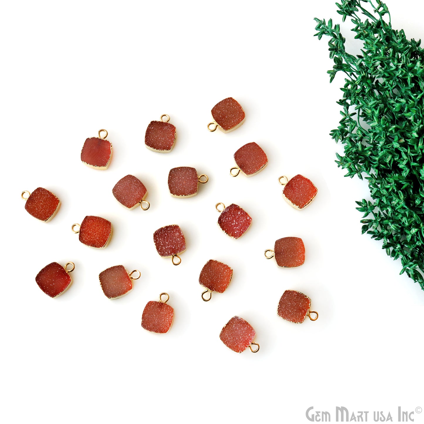 Orange Color Druzy Square 10mm Single Bail Gold Electroplated Gemstone Connector