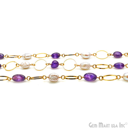 Amethyst & Pearl With Gold Plated Round Finding Rosary Chain