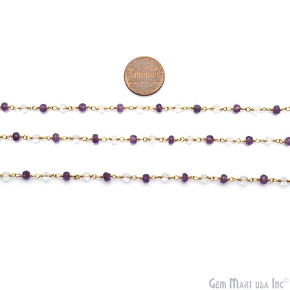 Amethyst & Crystal Faceted Beads 4mm Gold Wire Wrapped Rosary Chain