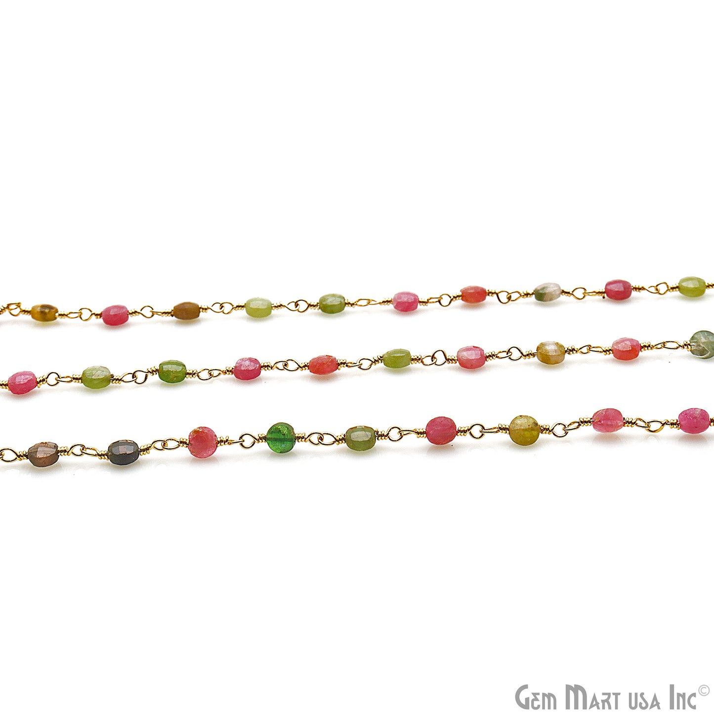 Multi Tourmaline Faceted 3-4mm Gold Wire Wrapped Rosary Chain - GemMartUSA