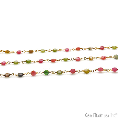 Multi Tourmaline Faceted 3-4mm Gold Wire Wrapped Rosary Chain - GemMartUSA