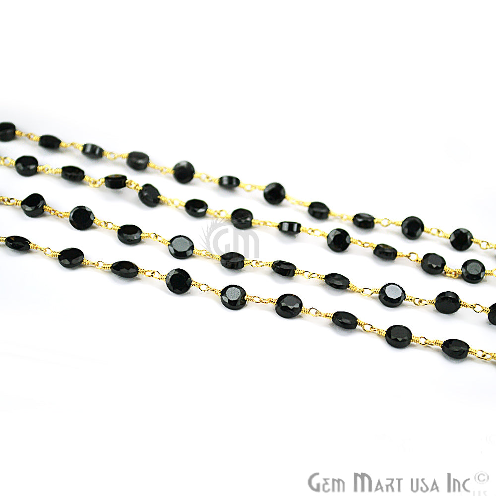 Black Spinel Coin 5mm Gold Plated Wire Wrapped Beads Rosary Chain - GemMartUSA (762921353263)