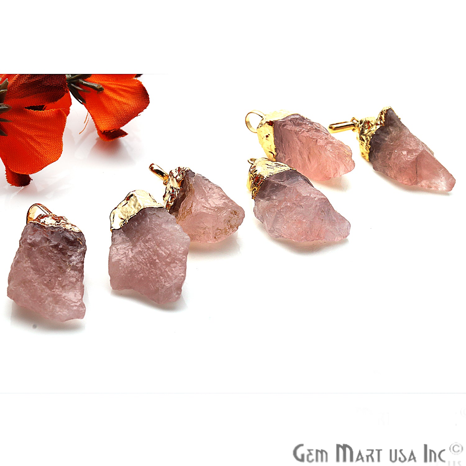 DIY Rough Rose Quartz Gemstone 37x17mm Gold Edge Necklace Pendant - GemMartUSA