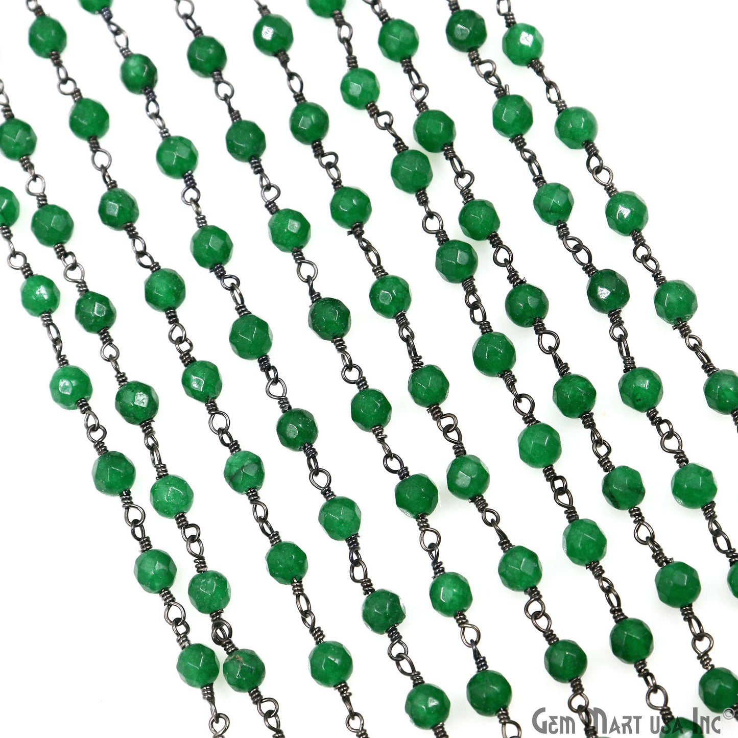 Green Jade Faceted Beads 4mm Oxidized Wire Wrapped Rosary Chain