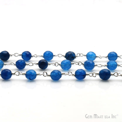 Blue Jade Faceted 6mm Silver Wire Wrapped Rosary Chain